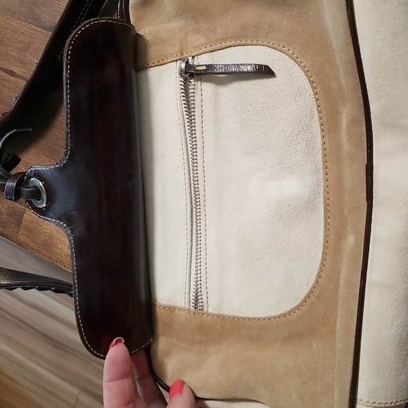 Francesco Biasia Leather Suede Shoulder Bag Cream and Brown Dark Brown Detail - Picture 6 of 8